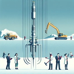 Create an image showing a group of individuals engaged in the physical parameter measurement of an Antarctic ice cap drilling operation with a well logging instrument. The instrument should be designed as a long bar shape with multiple claws spread out in the middle. The individuals are of various descents, including a Caucasian female scientist, a Hispanic male engineer, a Black female geologist, and a Middle-Eastern male technician.