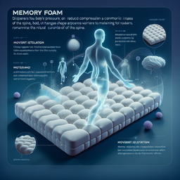 Design an image that communicates a futuristic and high-tech essence of memory foam. This memory foam disperses the body's pressure for reduced compression on specific areas like the spine, hip bones, and shoulders. Its material changes shape under pressure to conform to the user's body and weight, providing good support and aiding in maintaining the natural curvature of the spine. The memory foam is soft and makes for a comfortable experience, aiding in relaxation and improved sleep quality. Its composition is sensitive to temperature, becoming softer or harder according to body heat, providing a self-regulating comfortable environment. Its movement isolation aspect ensures the foam can absorb vibrations and movements, reducing disruptions to other parts of the bed, making it ideal for couples. The memory foam is made from high-density foam material, ensuring durability and long-lasting shape retention capability. Lastly, it is hypoallergenic, not being conducive for dust mites or other allergens, making it suitable for users with allergies.