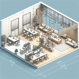 Generate a detailed image of a multifunctional office space, measuring 15 meters in length and 12 meters in width. This office space should incorporate areas for working, discussion, and relaxation. There should be a variety of workstations, a dedicated area for team discussions, and a comfortable relaxation zone for breaks.