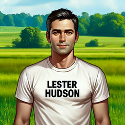 Visualize a scene where a man is standing on green grasslands. The man, who is the primary focus of the image, is dressed in a white T-shirt that has 'LESTER HUDSON' printed in black. This detail must be clearly visible in the image. Since the facial features and head of the man haven't been specified, assume a general male face with a medium face shape, black hair, and bright eyes. Therefore, the final image should portray a man wearing a white t-shirt standing on green pastures, with medium face shape, black hair, and bright eyes.