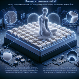 Create an image that showcases futuristic technology surrounding a pressure-relief memory foam. The depicted foam should demonstrate its evenly distributed pressure relief that can minimize the stress on specific body parts such as the spine, pelvis, or shoulders. It should alter its shape under pressure to support users' diverse body shapes and weights, maintaining the natural curvature of the spine. The memory foam will be soft and extremely comfortable, promoting relaxation and improved sleep quality. The material will be temperature-sensitive, softening or hardening according to body heat to provide a cozy, temperature-regulated environment. When movements occur on the bed, the motion isolation property should be evident, enabling the foam to absorb vibrations and minimizing impact on other areas, which would be especially useful for co-sleepers. Durability should be highlighted by presenting it as high-density foam with excellent shape retention over time. Lastly, demonstrate its hypoallergenic properties by showing its unfriendliness to dust mites and other allergens, making it suitable for users with allergies.