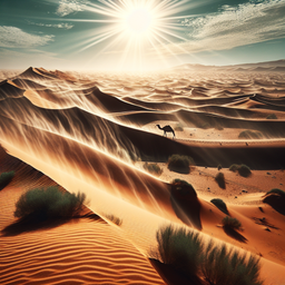 A vast expanse of a desert covering the entire image. Wind sews waves of sand dunes that stretches as far as the eye can see. The intense heat from the bright sun above is near palpable. Clusters of hardy desert plants occasionally dot the landscape, adding a dash of green to the dominant sandy hues. In the distance, a lone camel silhouette can be seen against the intense glare of the sun.