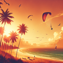 A warm, beautiful seaside scene, complete with flying kites, paragliders soaring through the sky, and towering coconut trees swaying in the gentle sea breeze.