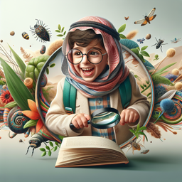 A child of Middle-Eastern descent who is constantly exploring and learning. This curious youngster wears a pair of glasses, carries a magnifying glass and a book, examining the world around with untamed fascination. The background includes a dynamic landscape filled with various plants, insects, and robust elements of nature. The child's joyful expressions and interactive posture radiate the joy of childhood exploration.