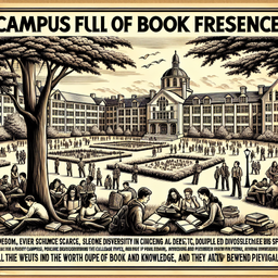 Create an 8K image of a large, hand-drawn poster. The theme of the poster is 'Campus full of book fragrance'. It should feature a picturesque view of a college campus alive with students, speculated diversity in this case including Caucasian, Black, and Middle Eastern peers. The scene carries an ambiance of knowledge and Intellectual pursuit. Near the library, students are reading under a tree, enthusiastic discussion groups are happening in open spaces, and poems or quotes praising the worth of books and knowledge are artfully incorporated into the design. The poster embodies a classic style of hand-drawn illustrations.