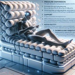 Create an image showcasing a futuristic memory foam filled with technology features. 1. Pressure dispersion: the memory foam has the ability to evenly distribute body pressure, diminishing stress on specific body areas like the spine, hips or shoulders, thus preventing the formation of pain points. 2. Support: Its materials change shape under pressure to conform to a user's body shape and weight, offering optimum support, which helps maintain the natural curvature of the spine. 3. Comfort: Memory foam is exceptionally soft, making it very comfortable to use, which aids in relaxation and improving sleep quality. 4. Temperature sensitivity: The memory foam exhibits sensitivity to temperature and softens or hardens according to body heat, creating a thermoregulating comfortable environment. 5. Motion isolation: the material's motion isolation attribute allows the memory foam to absorb vibrations and movements, reducing the impact on other parts, essentially providing undisturbed sleep for partners. 6. Durability: Memory foam is a high-density foam material, offering excellent durability and long-lasting shape retention. 7. Hypoallergic: Standard memory foam is unfriendly to dust mites and other allergenic substances, curbing allergens and hence, suited for people with allergies.