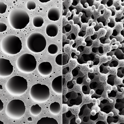 Create an image illustrating a stark contrast. To the left, there is a porous material with prominent holes. To the right, the surface of this porous structure has undergone a transformation and is now sprouting an array of carbon nanotubes.