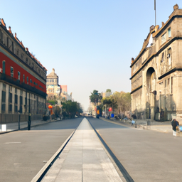 an avenue where the key symbols of Latin America are displayed alongside as if they were in the same city, including the Casa Rosada from Argentina, Christ the Redeemer in Rio, Paseo de la Reforma in Mexico, Machu Picchu, and the Angel of Independence from Mexico