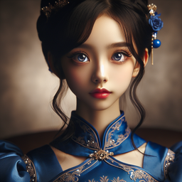 A young girl of Chinese descent is pictured with large, expressive eyes, a noticeable nose, cherry-like lips, and double eyelids. She is elegantly clothed in a royal blue evening gown, setting off an aura of both dignity and reverence. Her hairstyle, carefully arranged, complements the opulent interpretation of her attire. The gown is marked by detailed craftsmanship, using design elements that highlight her physique. Importantly, the chosen shade of blue for the dress signifies peacefulness, reliability, and allegiance. This scene is brought together under warm, diffused lighting that deepens the solemn and kingly ambiance.