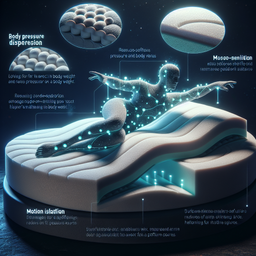 Create an image that evokes a sense of futuristic technology focusing on a memory foam that's advertised for stress relief. Features of this foam include body pressure dispersion, allowing for the even distribution of body weight and reducing pressure on specific areas such as the spine, hips, and shoulders helping to avert pressure sores. The material changes shape under pressure to match user's body shape and weight, providing excellent support and maintaining the spinal curve. The memory foam which is soft and comfortable, can aid relaxation and improve sleep quality. It is temperature-sensitive, adjusting softness and firmness according to body temperature. Another feature is motion isolation where the foam absorbs movements reducing impact on other parts. This foam is made from high-density foam material, indicating durability and the ability to maintain its shape for a long time. The material is hypoallergenic, unfriendly to dust mites and other allergens, making it suitable for individuals with allergies.